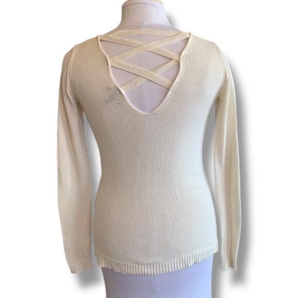 Hot Topic Life Is Music Sweater Cream Black Crisscross Open Back Size Small - Picture 3 of 8